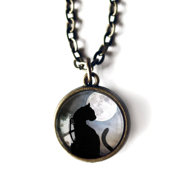 Moonlit Cat Goth or Halloween Simple Reversible Glass Cabochon Pendant Necklace