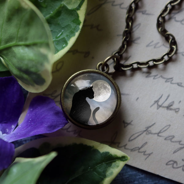 Moonlit Cat Goth or Halloween Simple Reversible Glass Cabochon Pendant Necklace