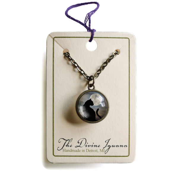 Moonlit Cat Goth or Halloween Simple Reversible Glass Cabochon Pendant Necklace