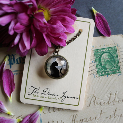 Moonlit Cat Goth or Halloween Simple Reversible Glass Cabochon Pendant Necklace