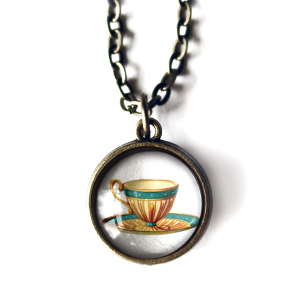 Blue and Yellow Teapot and Teacup Simple Reversible Pendant Necklace