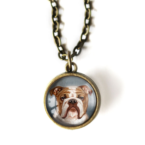 English Bulldog Simple Reversible Glass Cabochon Pendant Necklace