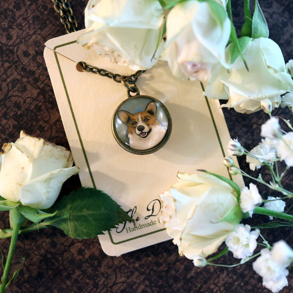 Welsh Cardigan or Pembroke Corgi Dog Simple Reversible Glass Cabochon Pendant Necklace