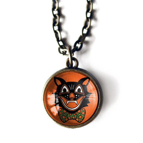 Retro Halloween Black Cat in Bowtie Simple Reversible Pendant Necklace