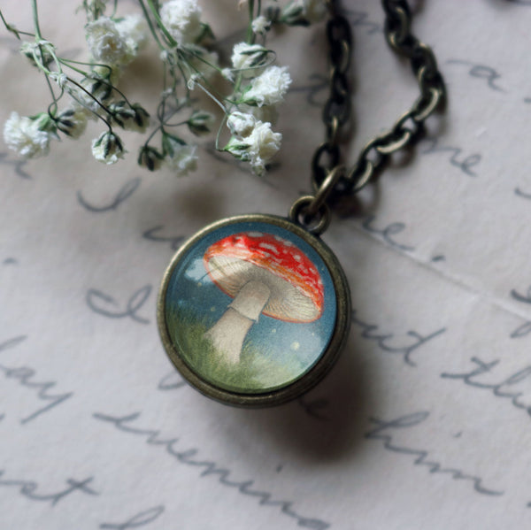 Moonlit Amanita Mushrooms Simple Reversible Pendant Necklace