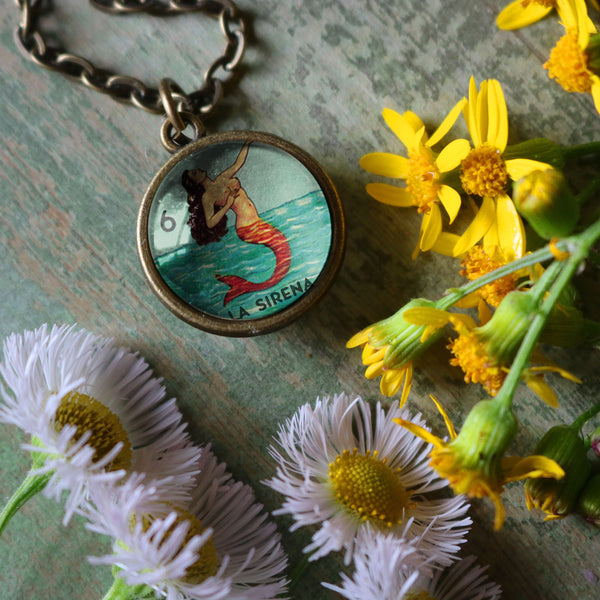 La Sirena Simple Reversible Loteria Mermaid Pendant Necklace