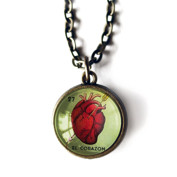 El Corazon Simple Reversible  Loteria Heart Pendant Necklace