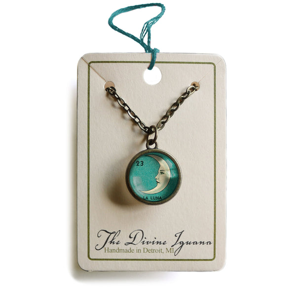 La Luna Simple Reversible Loteria Moon Glass cabochon Pendant Necklace