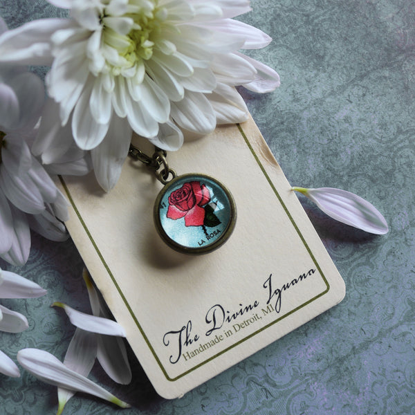 La Rosa Simple Reversible Loteria Rose Glass Cabochon Pendant Necklace