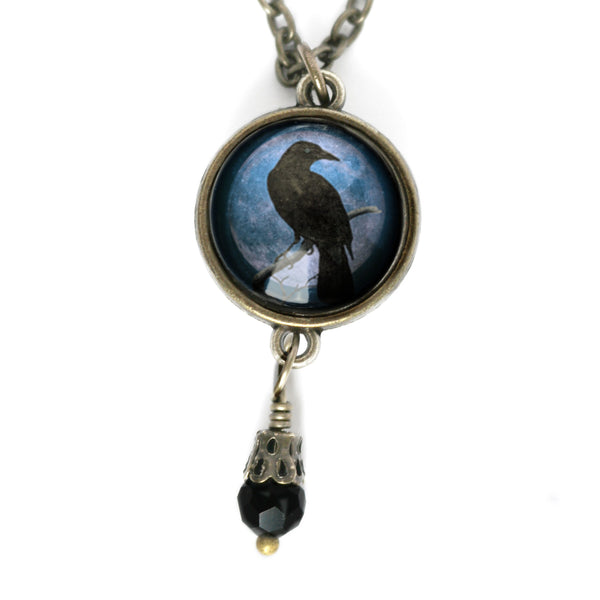 Crow or Raven on Purple Moon Reversible Pendant Necklace with Bead Accent