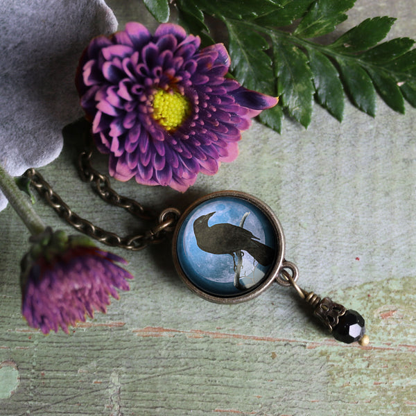 Crow or Raven on Purple Moon Reversible Pendant Necklace with Bead Accent