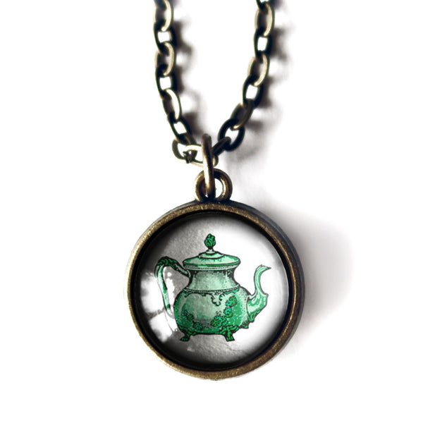 Green and White Teapot and Teacup Simple Reversible Pendant Necklace