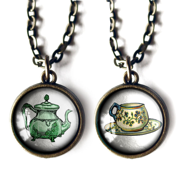 Green and White Teapot and Teacup Simple Reversible Pendant Necklace