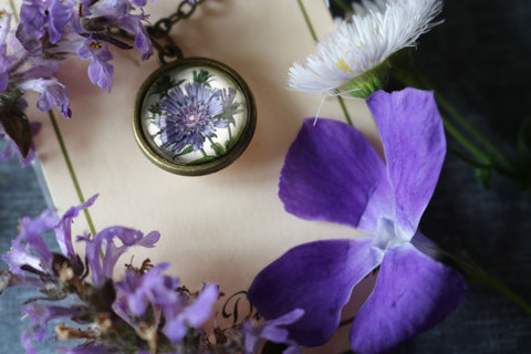 Purple Aster / Bachelor's Button Flower Simple Reversible Cottagecore Glass Cabochon Pendant Necklace