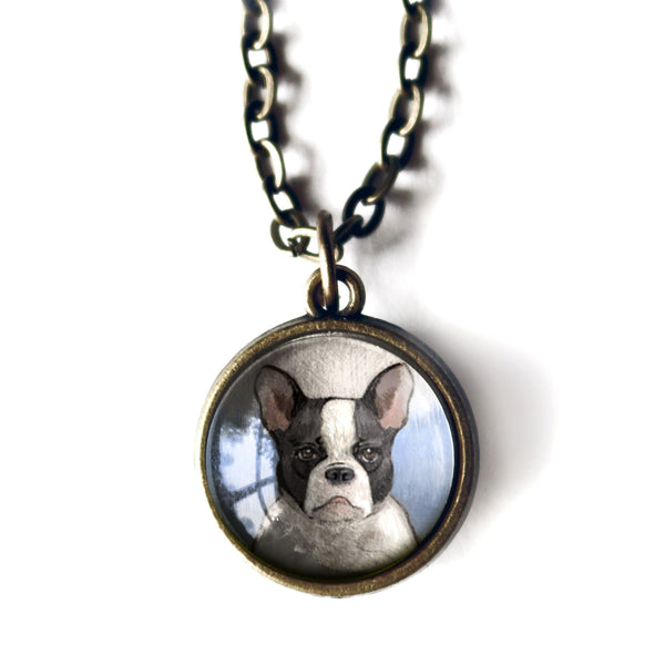 French Bulldog Simple Reversible Glass Cabochon Pendant Necklace