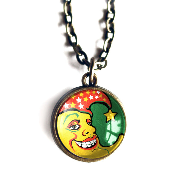 Retro Man in the Moon Simple Reversible Halloween Pendant Necklace