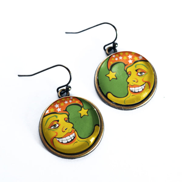 Retro Man in the Moon- Halloween Vintage Inspired Drop / Dangle Earrings