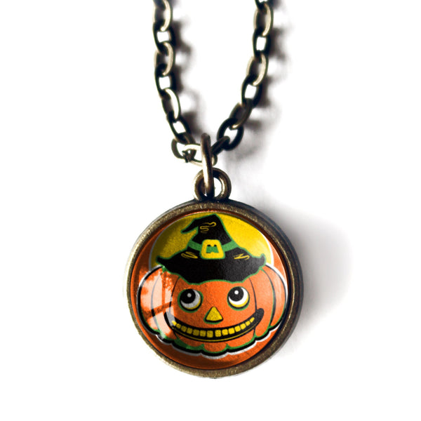 Retro Jack O Lantern in Witch Hat Simple Reversible Halloween Pendant Necklace