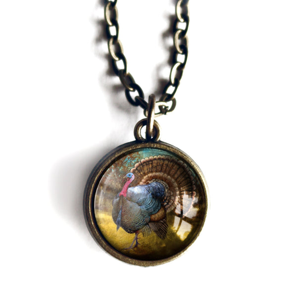 Traditional Turkey Simple Reversible Thanksgiving Glass Cabochon Pendant Necklace