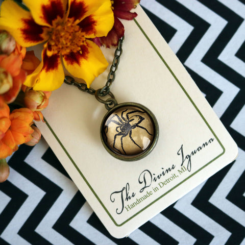 Spooky Spider Simple Reversible Goth Halloween Glass Cabochon Pendant Necklace