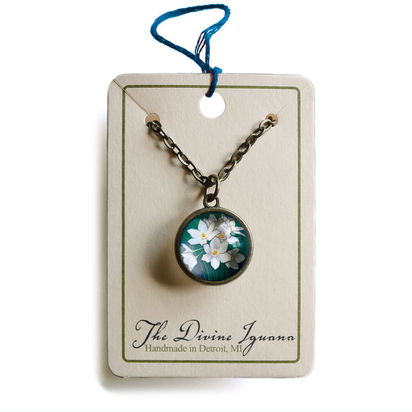 Paperwhite Narcissus  Simple Reversible Spring  Floral Glass Cabochon Pendant Necklace