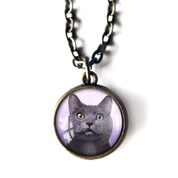 Russian Blue Grey Haired Cat Simple Reversible Glass Cabochon Pendant Necklace