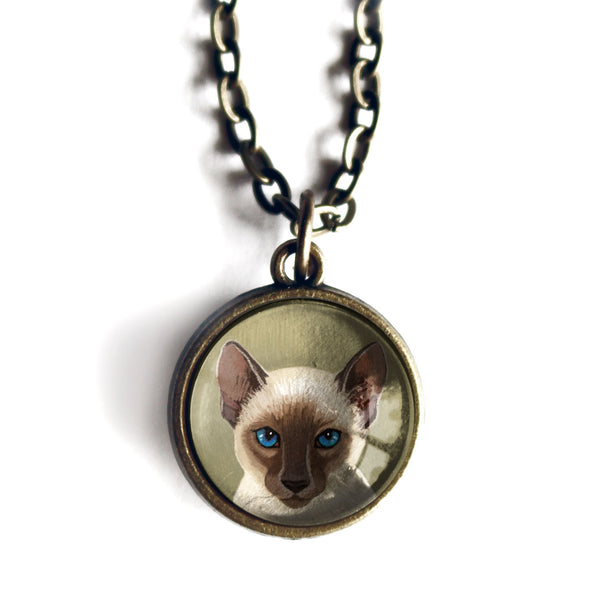 Siamese Cat Simple Reversible Glass Cabochon Pendant Necklace