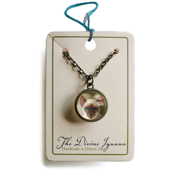 Siamese Cat Simple Reversible Glass Cabochon Pendant Necklace