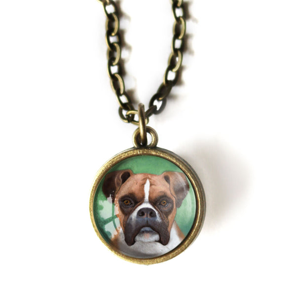 Boxer Dog Simple Reversible Glass Cabochon Pendant Necklace