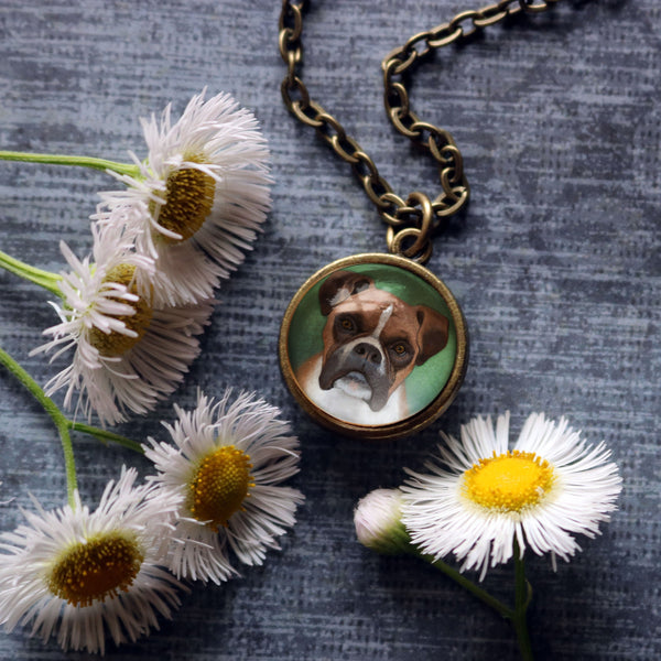 Boxer Dog Simple Reversible Glass Cabochon Pendant Necklace