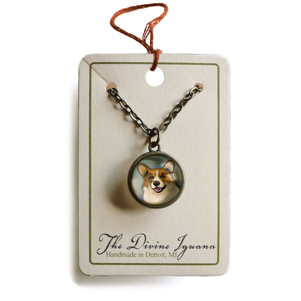 Welsh Cardigan or Pembroke Corgi Dog Simple Reversible Glass Cabochon Pendant Necklace