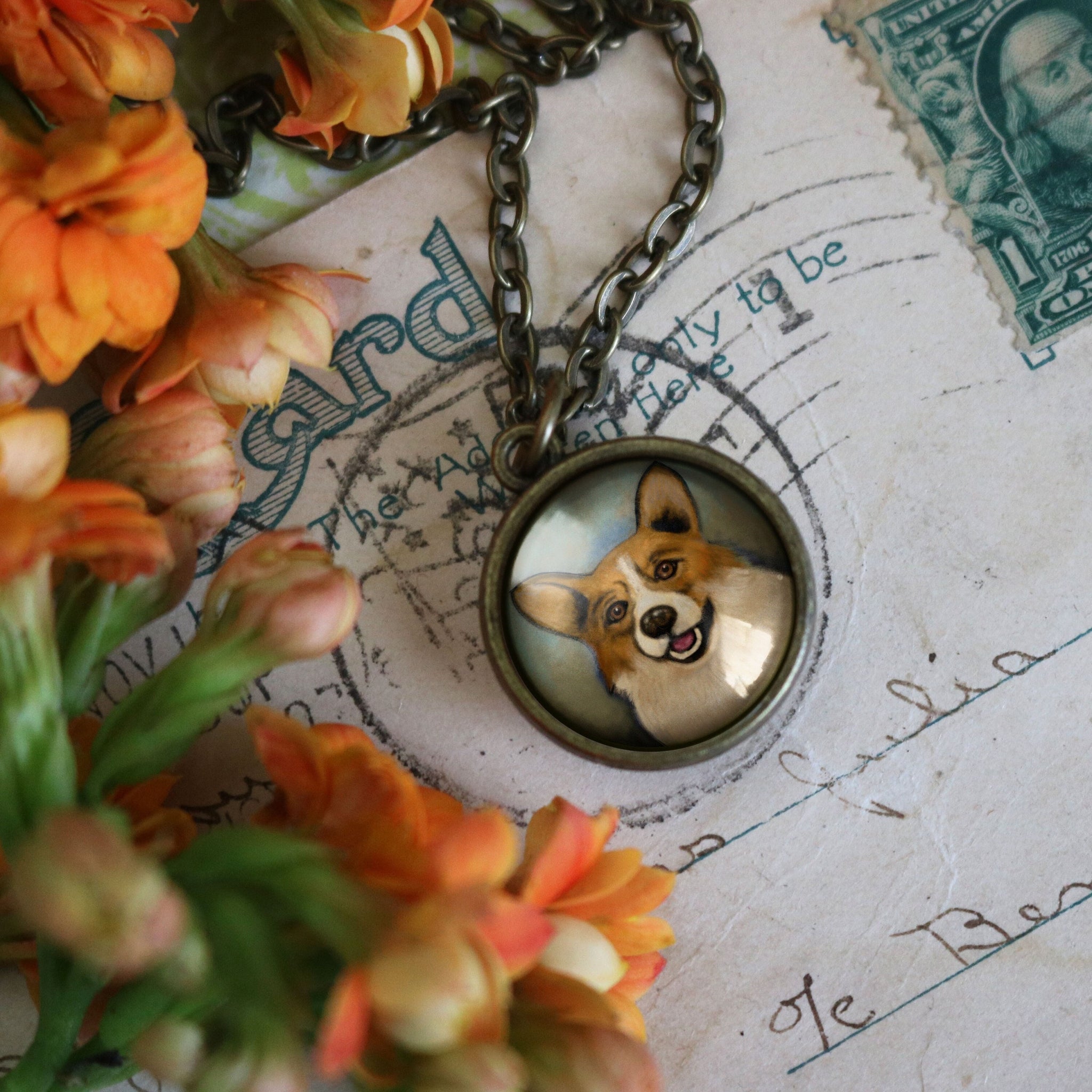 Welsh Cardigan or Pembroke Corgi Dog Simple Reversible Glass Cabochon Pendant Necklace