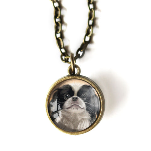 Japanese Chin Dog Simple Reversible Glass Cabochon Pendant Necklace