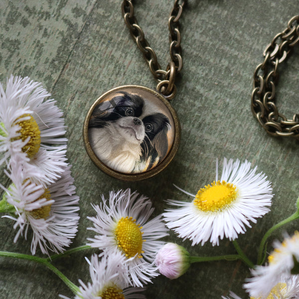 Japanese Chin Dog Simple Reversible Glass Cabochon Pendant Necklace