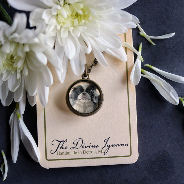 Japanese Chin Dog Simple Reversible Glass Cabochon Pendant Necklace