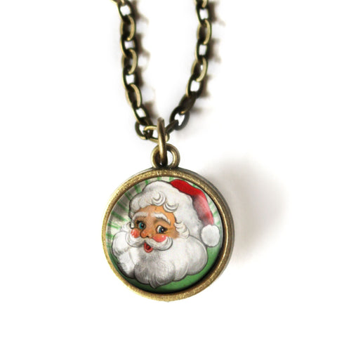 Santa Claus on Green Background Simple Reversible Retro Christmas Glass Cabochon Pendant Necklace