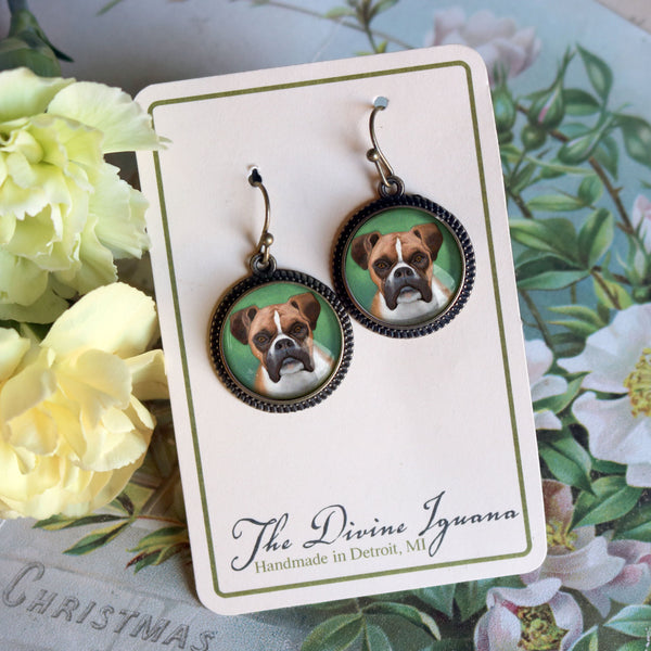 Boxer Dog Glass Cabochon Earrings