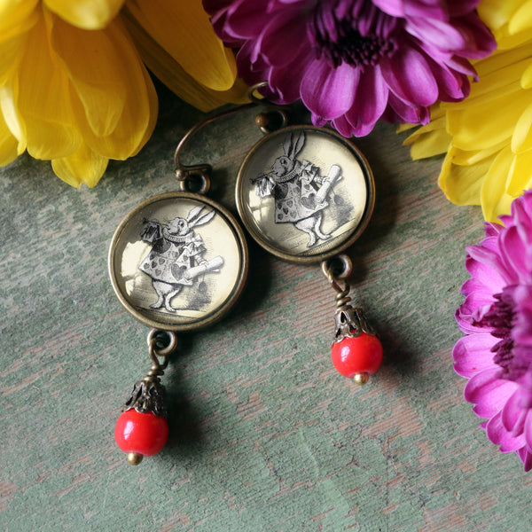 Alice in Wonderland White Rabbit Vintage Inspired Drop / Dangle Earrings