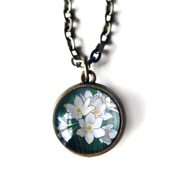 Paperwhite Narcissus  Simple Reversible Spring  Floral Glass Cabochon Pendant Necklace