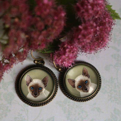 Siamese Cat Glass Cabochon Earrings