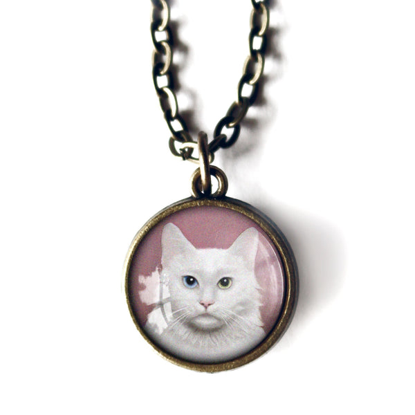 Long-Haired White Cat Simple Reversible Glass Cabochon Pendant Necklace