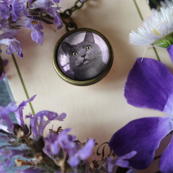 Russian Blue Grey Haired Cat Simple Reversible Glass Cabochon Pendant Necklace