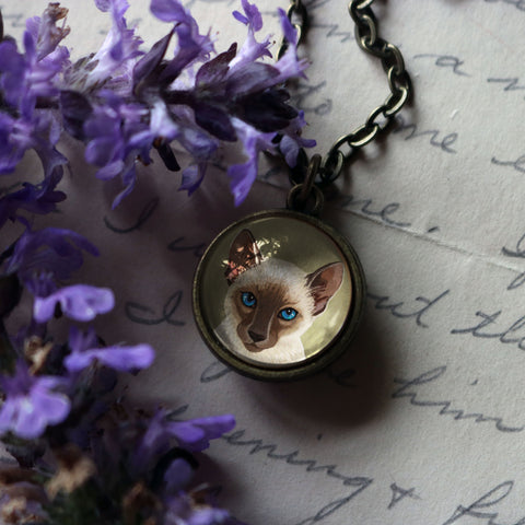 Siamese Cat Simple Reversible Glass Cabochon Pendant Necklace