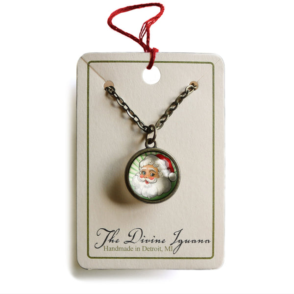 Santa Claus on Green Background Simple Reversible Retro Christmas Glass Cabochon Pendant Necklace