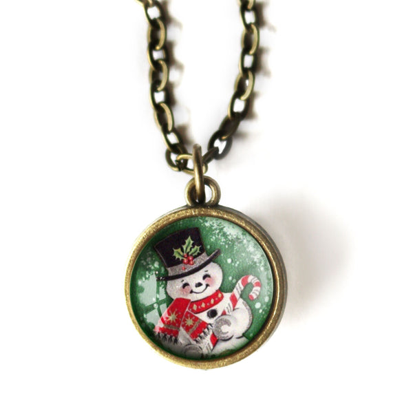 Snowman on Green Background Simple Reversible Retro Christmas Glass Cabochon Pendant Necklace
