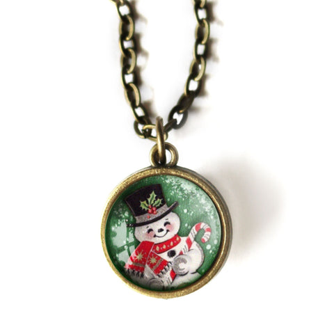 Snowman on Green Background Simple Reversible Retro Christmas Glass Cabochon Pendant Necklace