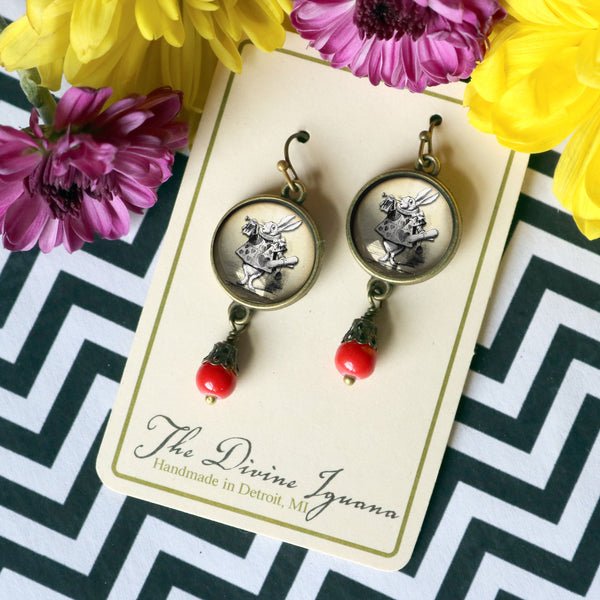 Alice in Wonderland White Rabbit Vintage Inspired Drop / Dangle Earrings