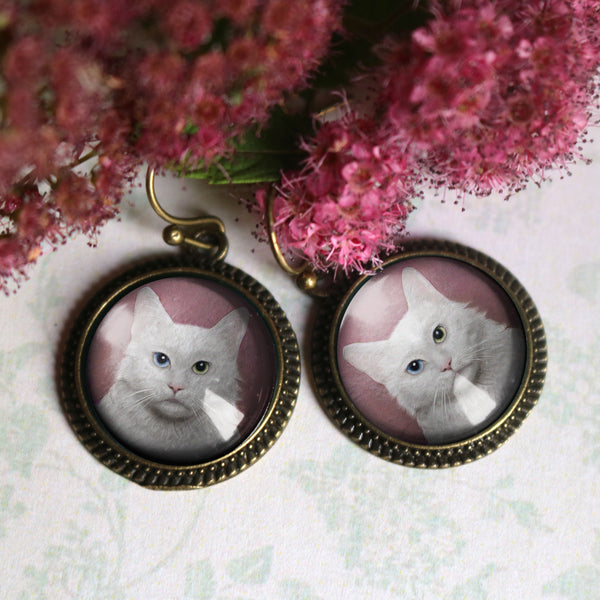 Long Haired White Cat Glass Cabochon Earrings