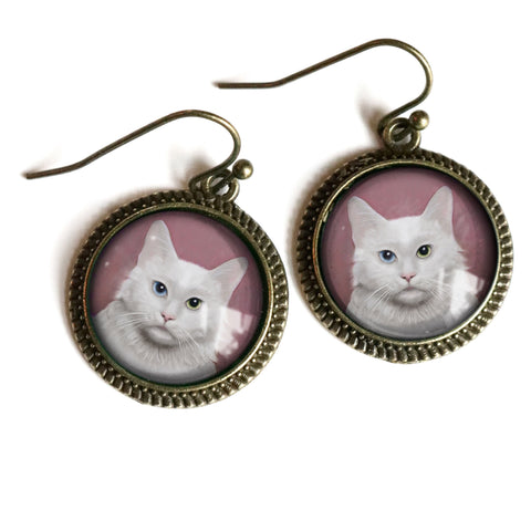 Long Haired White Cat Glass Cabochon Earrings