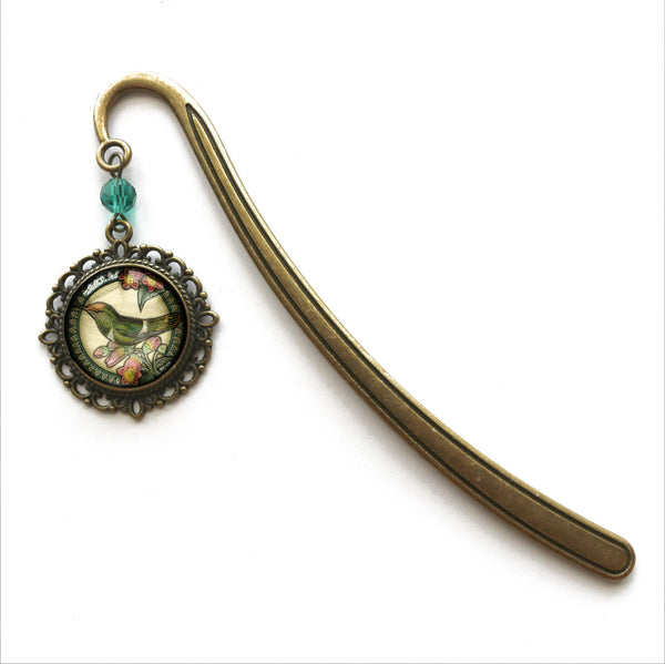 Hummingbird Glass Cabochon Brass Book Hook / Bookmark